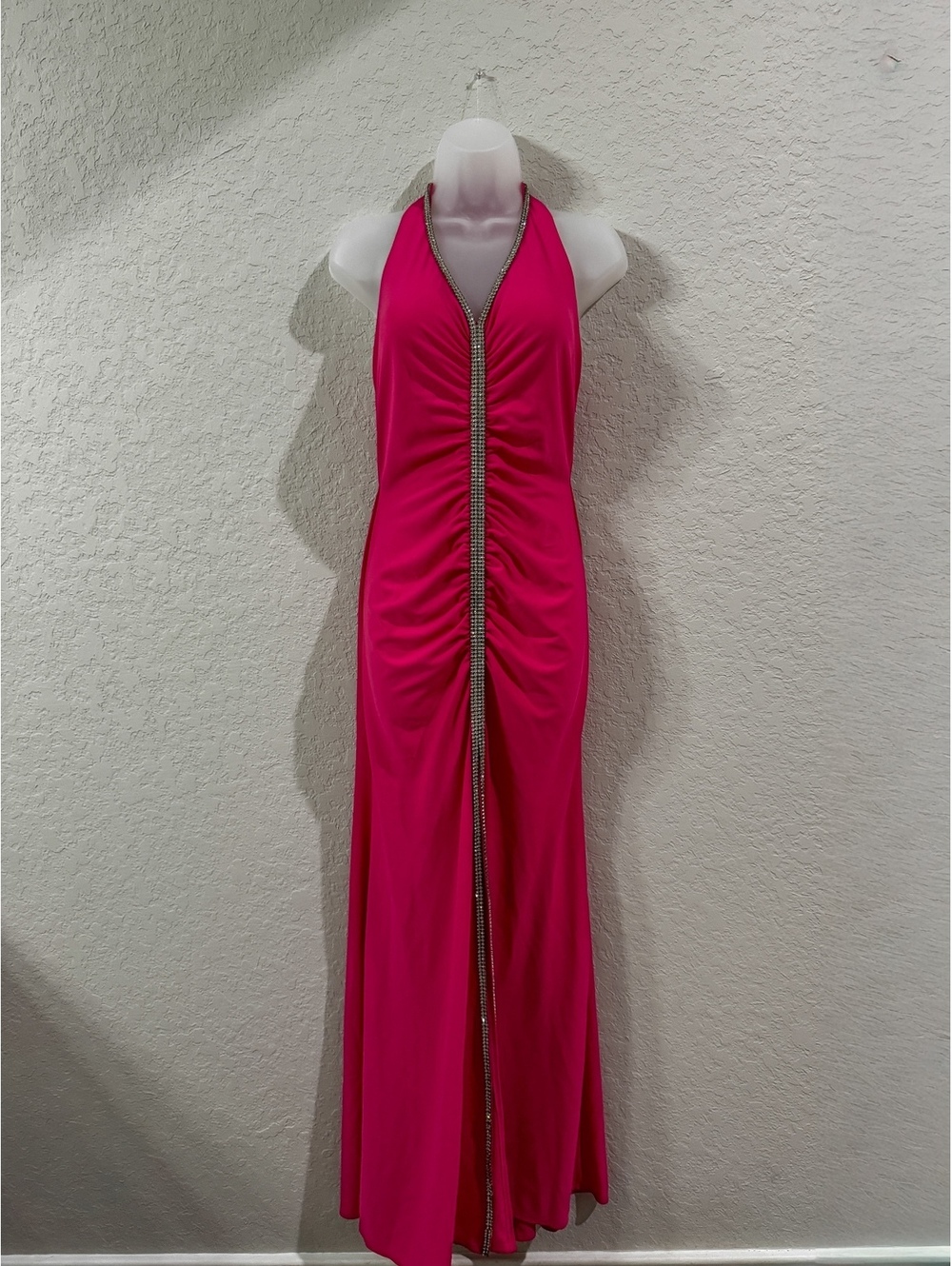 Vintage Y2K Caché Hot Pink Rhinestone Halter Maxi Dress Ruched Backless S